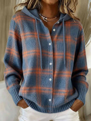 Women's Vintage Plaid Pattern Cozy Knit Hoodie Cardigan