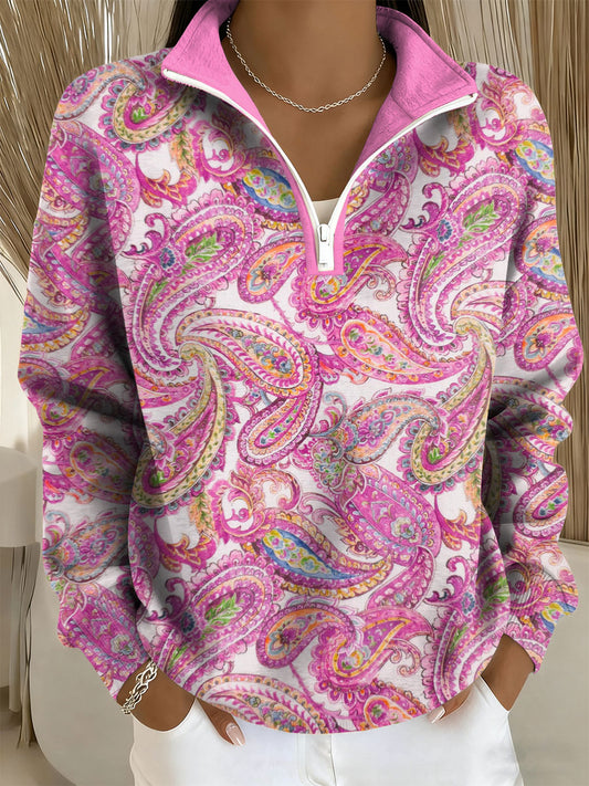 Women's Breast Cancer Awareness Paisley Print Zip-Up Top