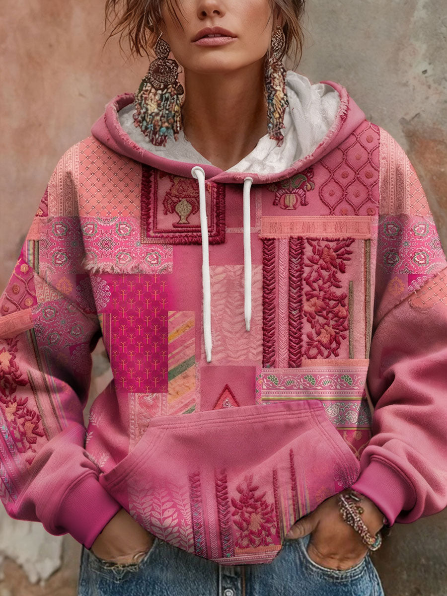 Women's Boho Breast Cancer Awareness Floral Art Printed Hoodie