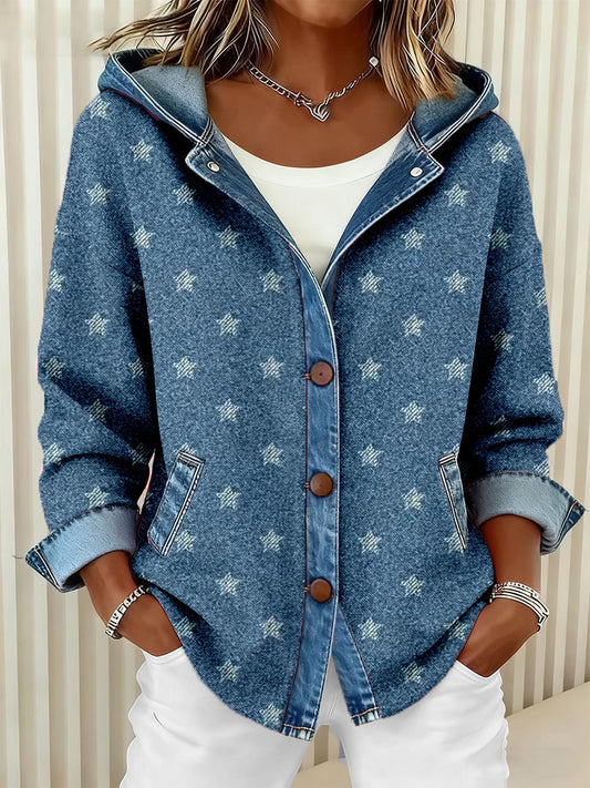 Women's Star Pattern Patchwork Art Hooded Cardigan