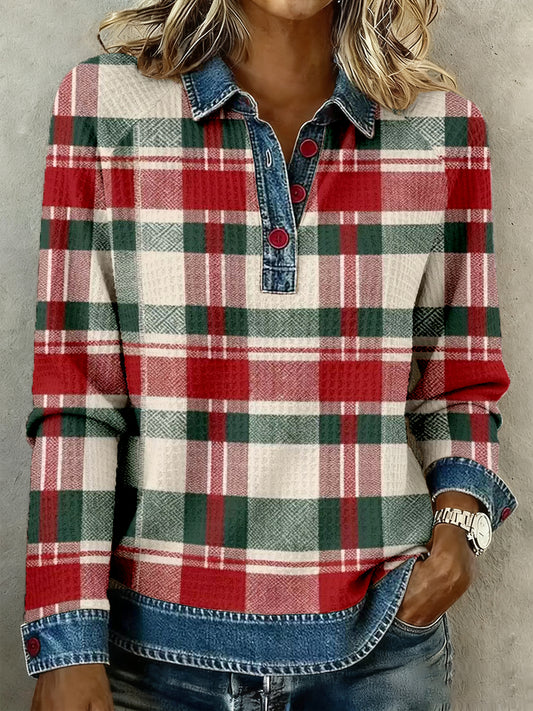 Women's Christmas Inspired Plaid Pattern Patchwork Art Waffle Top