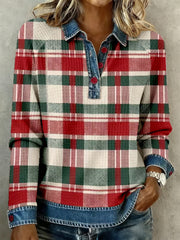 Women's Christmas Inspired Plaid Pattern Patchwork Art Waffle Top