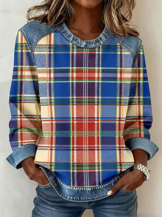 Women's Vintage Plaid Pattern Denim Patchwork Sweatshirt