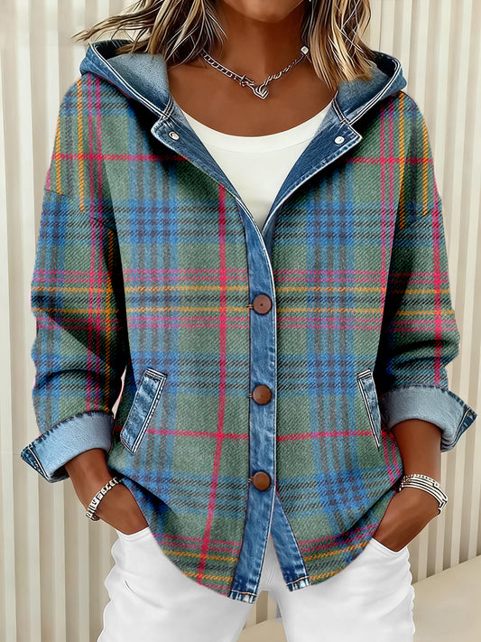 Women's Vintage Plaid Pattern Patchwork Art Hoodie Cardigan