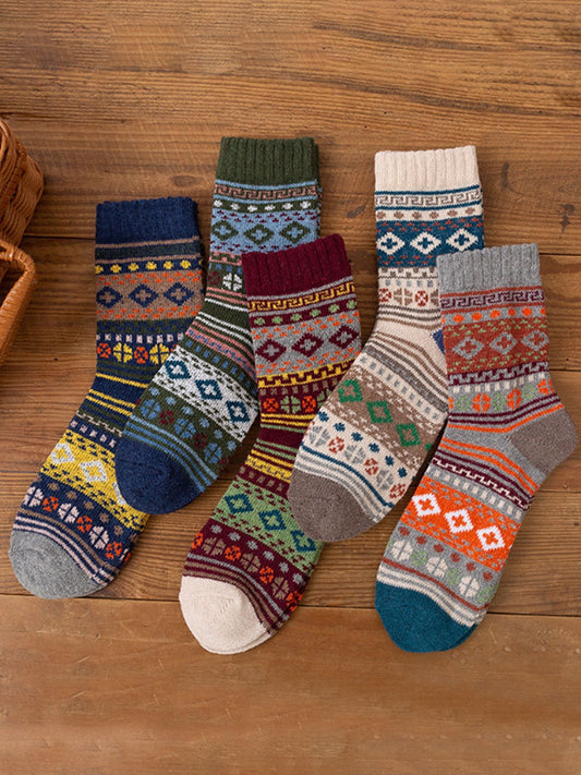 Men's Soft and Warm Retro Rainbow Contrast Socks (5 Pairs)