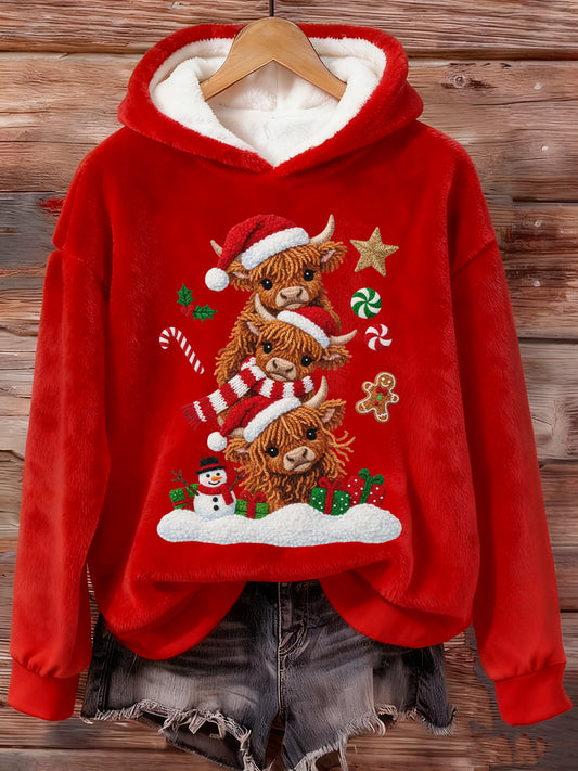 Women's Christmas Highland Cow Plush Hoodie