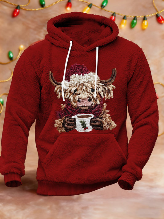 Men's Christmas Highland Cow Plush Hoodie