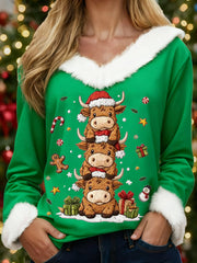 Women's Christmas Cute High Land Cow Print Casual Fur-Collar Top