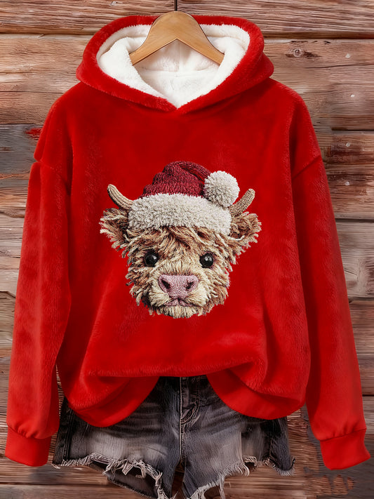 Women's Christmas Highland Cow Plush Hoodie
