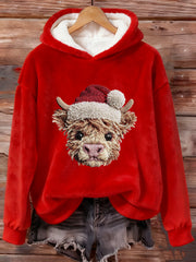Women's Christmas Highland Cow Plush Hoodie