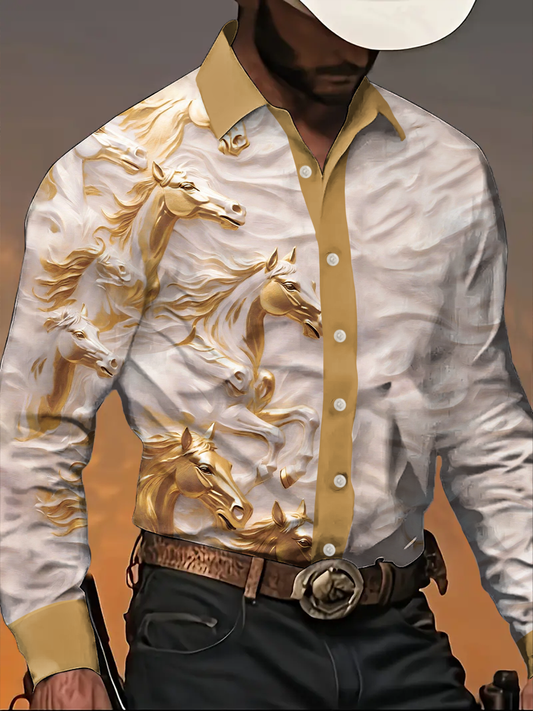 Men's Retro Western Style Horses Art Printed Shirt