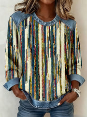 Women's Vintage Striped Textured Patchwork Art Sweatshirt
