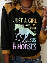 Women's Just A Girl Who Loves Jesus And Horses Print Casual Sweatshirt