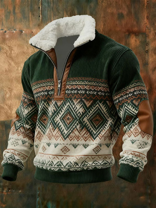 Men's Vintage Western Print Zip-Up Sweatshirt