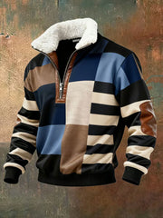 Men's Retro Color Block Print Casual Fur Collar Long Sleeve Sweatshirt
