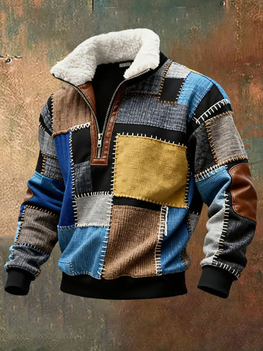 Men's Retro Color Block Print Casual Fur Collar Long Sleeve Sweatshirt