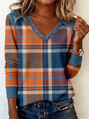 Women's Vintage Plaid Pattern Patchwork Art V-Neck Top
