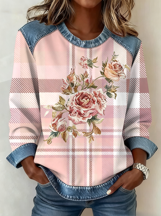 Women's Pink plaid print Denim patchwork Sweatshirt