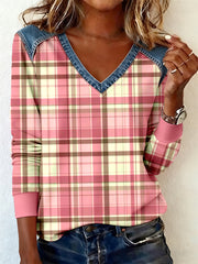 Women's Pink Plaid Pattern Patchwork Art V-Neck Top