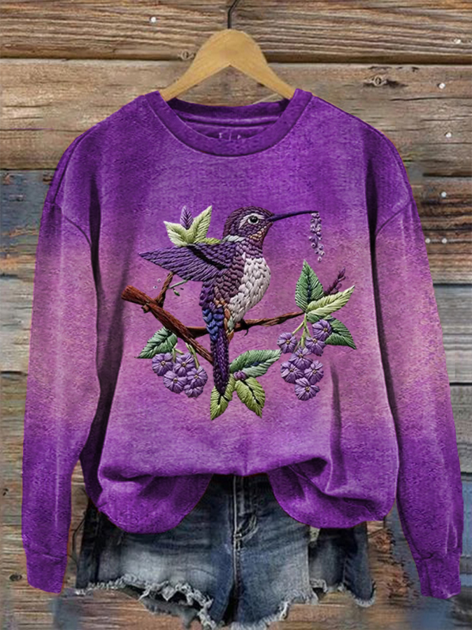 Women's Purple Gradient Hummingbird Floral Print Regular Sweatshirt