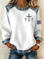 Women's Cross Print Casual Denim Patchwork Top
