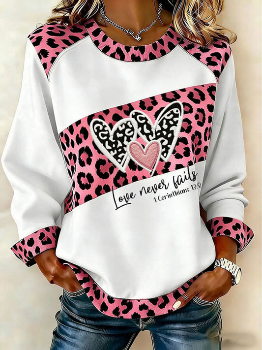 Women's Valentine's Day Heart Leopard Print Denim Patchwork Top