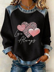 Women's Valentine's Day Heart Print Denim Patchwork Top