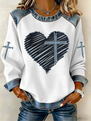 Women's Valentine's Day Heart Cross Denim Patchwork Top