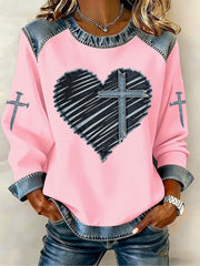 Women's Valentine's Day Heart Cross Denim Patchwork Top