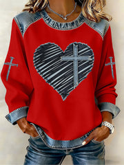Women's Valentine's Day Heart Cross Denim Patchwork Top
