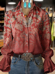 Women's Retro Plants Flowers Art Print Collared Long Sleeve Top