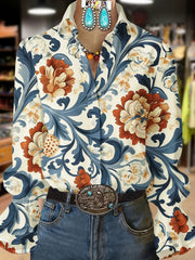 Women's Retro Plants Flowers Art Print Collared Long Sleeve Top