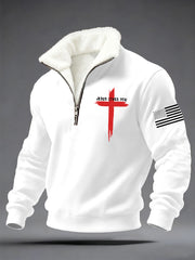 Men's Jesus Loves You Cross Print Plush Zipper Pullover