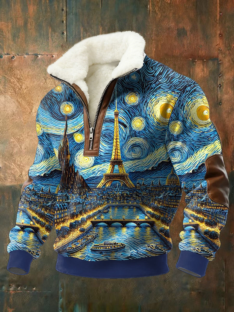Men's Oil Painting Paris Starry Sky Print Plush Stand Collar Shirt
