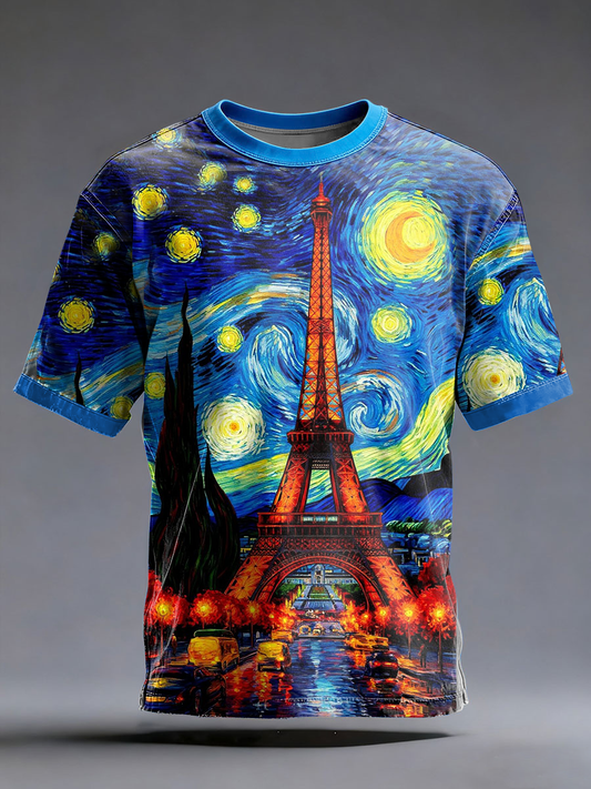 Men's Oil Painting Paris Starry Sky Print Short Sleeves T-shirt