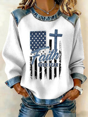 Women's Faith Over Fear Print Denim Patchwork Top