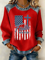Women's Faith Over Fear Print Denim Patchwork Top