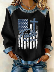 Women's Faith Over Fear Print Denim Patchwork Top