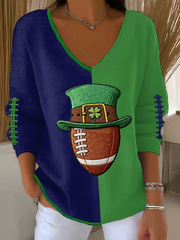 Women's Football Print V-Neck Ribbed Top