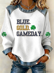 Women's Blue Gold Gameday Football Print Denim Patchwork Top