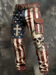 Men's Retro Faith American Flag Skull Art Pocket Cargo Pants