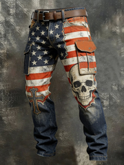 Men's Retro Faith American Flag Skull Art Pocket Cargo Pants