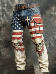 Men's Retro Faith American Flag Skull Art Pocket Cargo Pants