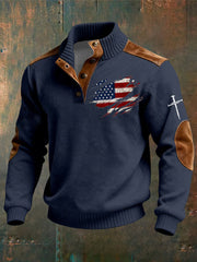 Men's Vintage Faith Cross Print Casual Button-Up Sweatshirt