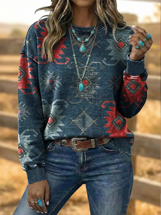 Women's Vintage Western Aztec Art Drawstring Sweatshirt