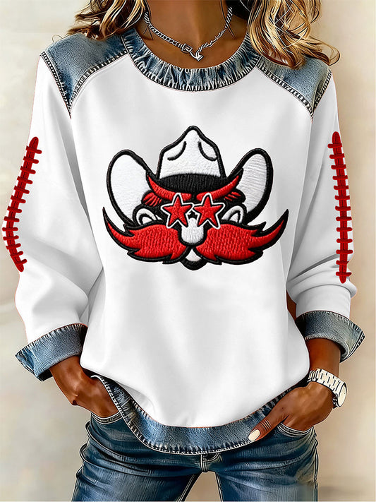 Women's Football Print Denim Patchwork Top