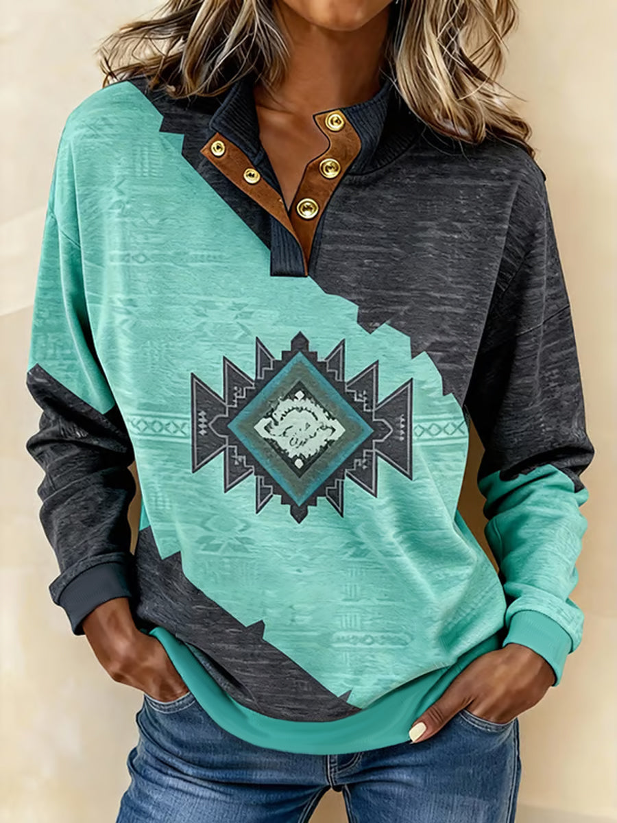 Women's Vintage Western Aztec Art  Button-up stand-collar Sweatshirt