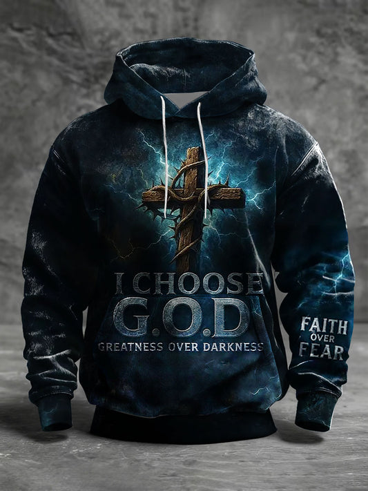 Men's Christian Faith Over Fear Cross Oversized Drop-Shoulder Hoodie with Pockets