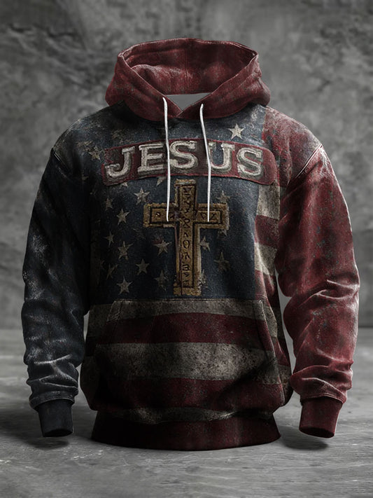 Men's Vintage America Flag Christian Cross Oversized Drop-Shoulder Hoodie with Pockets