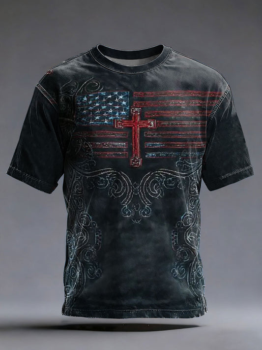 Men's Vintage America Flag Christian Cross Short Sleeve T-shirt